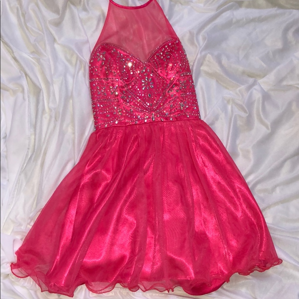 Steppin’ Out pink rhinestone halter mini dress